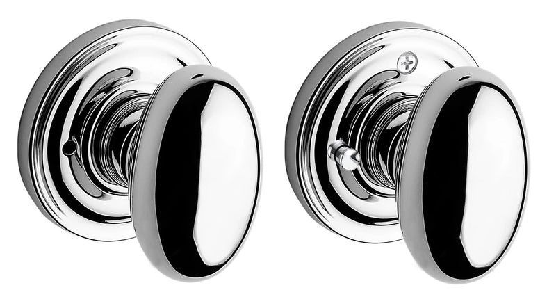 The Baldwin Reserve Ellipse Knob with Traditional Round Rosette in Polished Chrome finish.