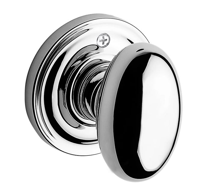 The Baldwin Reserve Ellipse Knob with Traditional Round Rosette in Polished Chrome finish.