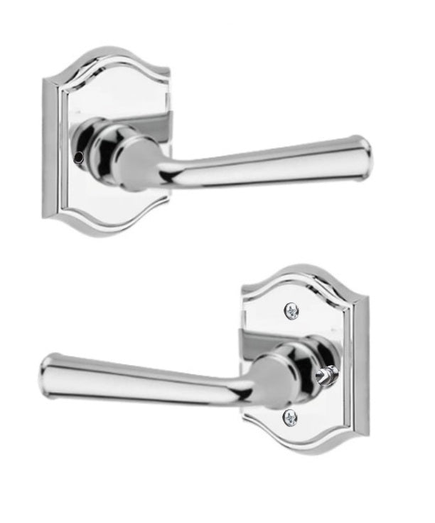 The Baldwin Reserve Federal Lever with Traditional Arch Rosette in Polished Chrome finish.