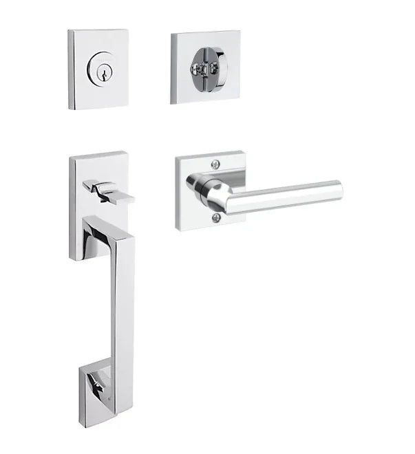 The Baldwin Reserve La Jolla Handleset with Interior Tube Lever with Contemporary Square Rosette in Polished Chrome finish.