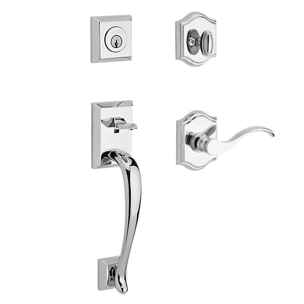 The Baldwin Reserve Napa Handleset with Interior Curve Lever with Traditional Arch Rosette in Polished Chrome finish.