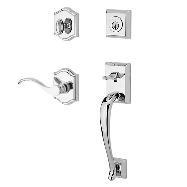 The Baldwin Reserve Napa Handleset with Interior Curve Lever with Traditional Arch Rosette in Polished Chrome finish.