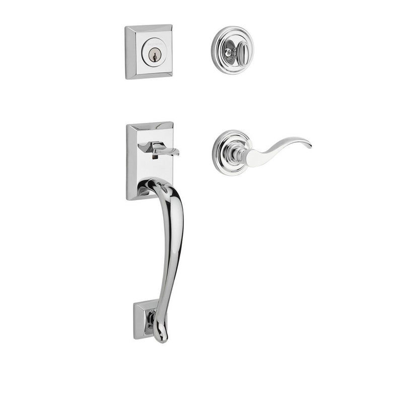 The Baldwin Reserve Napa Handleset with Interior Curve Lever with Traditional Round Rosette in Polished Chrome finish.