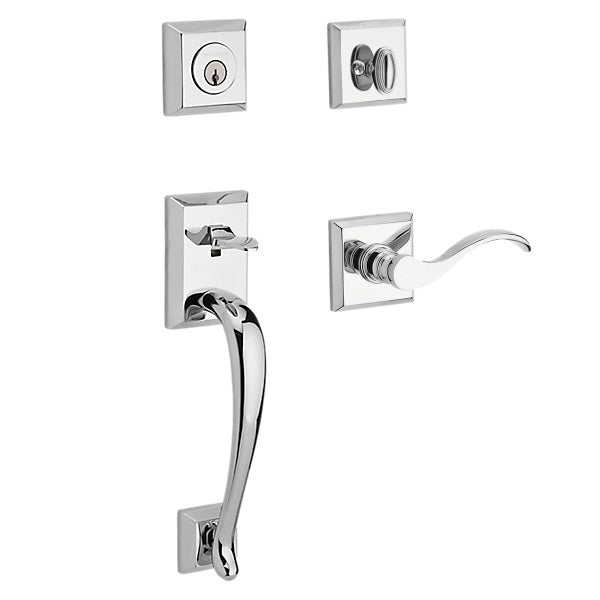 The Baldwin Reserve Napa Handleset with Interior Curve Lever with Traditional Square Rosette in Polished Chrome finish.