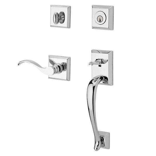 The Baldwin Reserve Napa Handleset with Interior Curve Lever with Traditional Square Rosette in Polished Chrome finish.