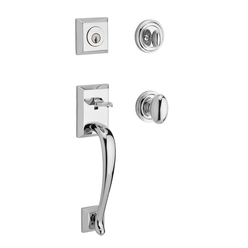 The Baldwin Reserve Napa Handleset with Interior Ellipse Knob with Traditional Round Rosette in Polished Chrome finish.