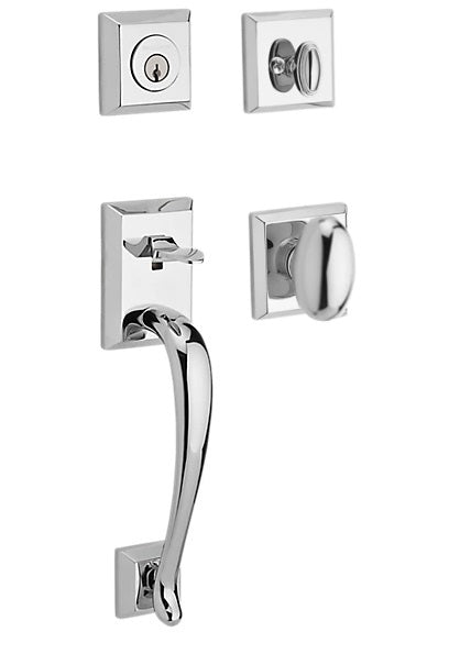 The Baldwin Reserve Napa Handleset with Interior Ellipse Knob with Traditional Square Rosette in Polished Chrome finish.