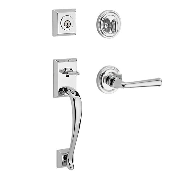 The Baldwin Reserve Napa Handleset with Interior Federal Lever with Traditional Round Rosette in Polished Chrome finish.