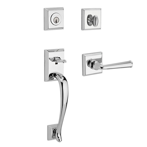 The Baldwin Reserve Napa Handleset with Interior Federal Lever with Traditional Square Rosette in Polished Chrome finish.