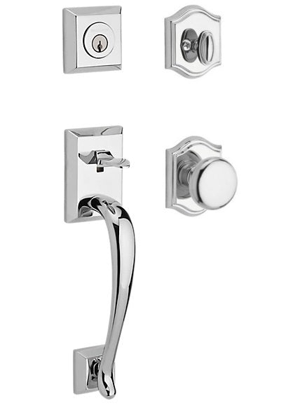 The Baldwin Reserve Napa Handleset with Interior Round Knob with Traditional Arch Rosette in Polished Chrome finish.