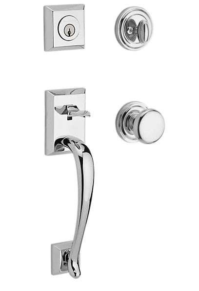 The Baldwin Reserve Napa Handleset with Interior Round Knob with Traditional Round Rosette in Polished Chrome finish.