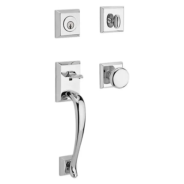 The Baldwin Reserve Napa Handleset with Interior Round Knob with Traditional Square Rosette in Polished Chrome finish.