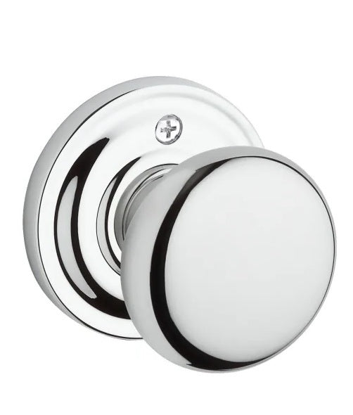 The Baldwin Reserve Round Knob with Traditional Round Rosette in Polished Chrome finish.