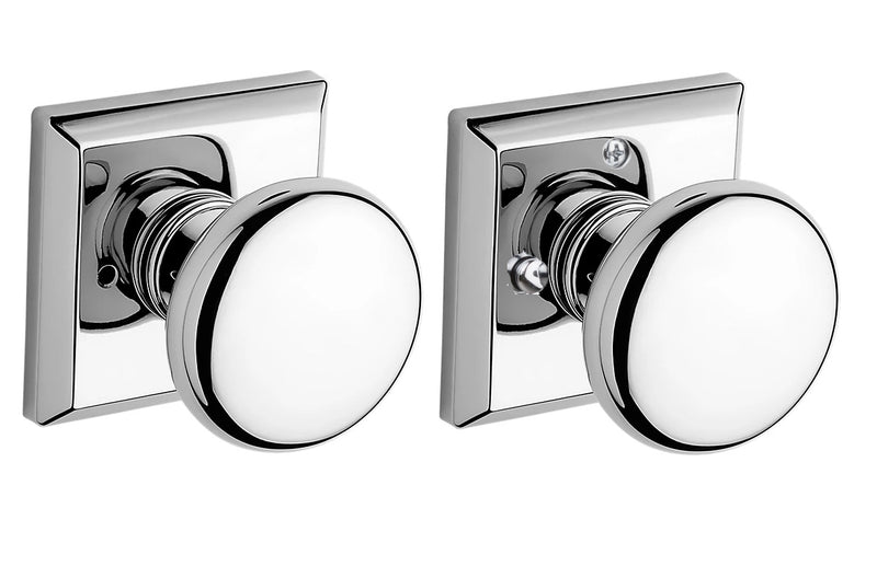 The Baldwin Reserve Round Knob with Traditional Square Rosette in Polished Chrome finish.