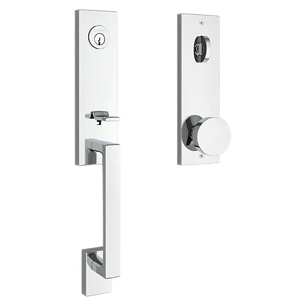 The Baldwin Reserve Seattle Handleset with Interior Contemporary Knob with Contemporary Square Escutcheon in Polished Chrome finish.