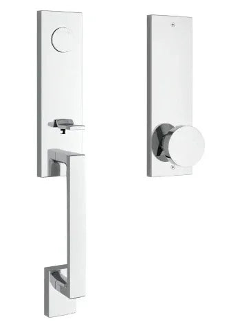 The Baldwin Reserve Seattle Handleset with Interior Contemporary Knob with Contemporary Square Escutcheon in Polished Chrome finish.