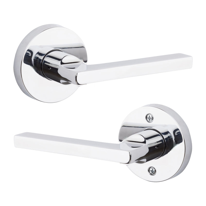 The Baldwin Reserve Square Lever with Contemporary Round Rosette in Polished Chrome finish.