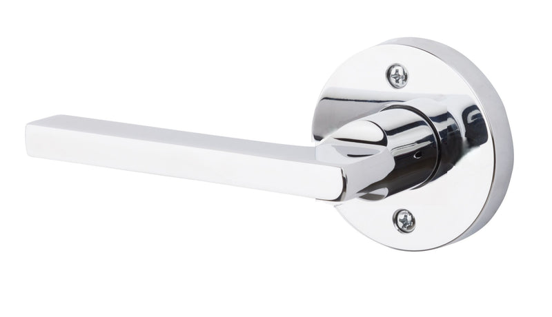 The Baldwin Reserve Square Lever with Contemporary Round Rosette in Polished Chrome finish.
