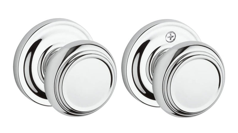 The Baldwin Reserve Traditional Knob with Traditional Round Rosette in Polished Chrome finish.