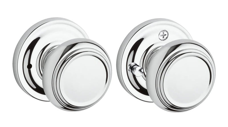 The Baldwin Reserve Traditional Knob with Traditional Round Rosette in Polished Chrome finish.