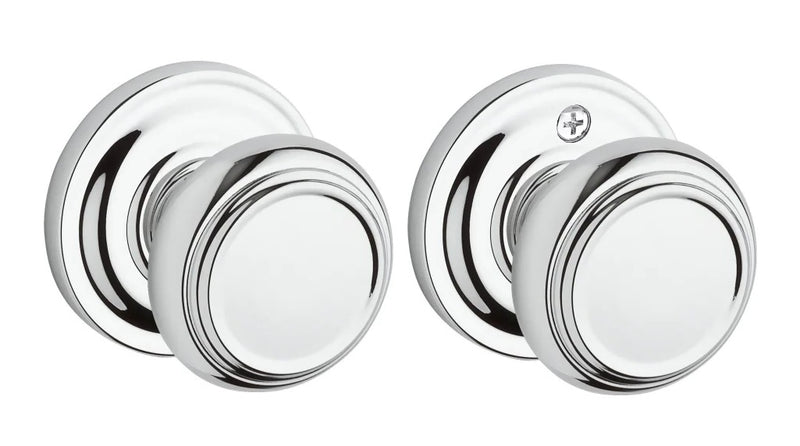 The Baldwin Reserve Traditional Knob with Traditional Round Rosette in Polished Chrome finish.