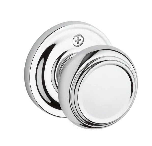 The Baldwin Reserve Traditional Knob with Traditional Round Rosette in Polished Chrome finish.