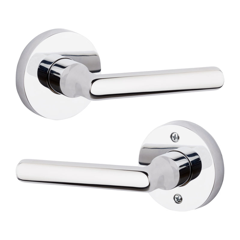 The Baldwin Reserve Tube Lever with Contemporary Round Rosette in Polished Chrome finish.
