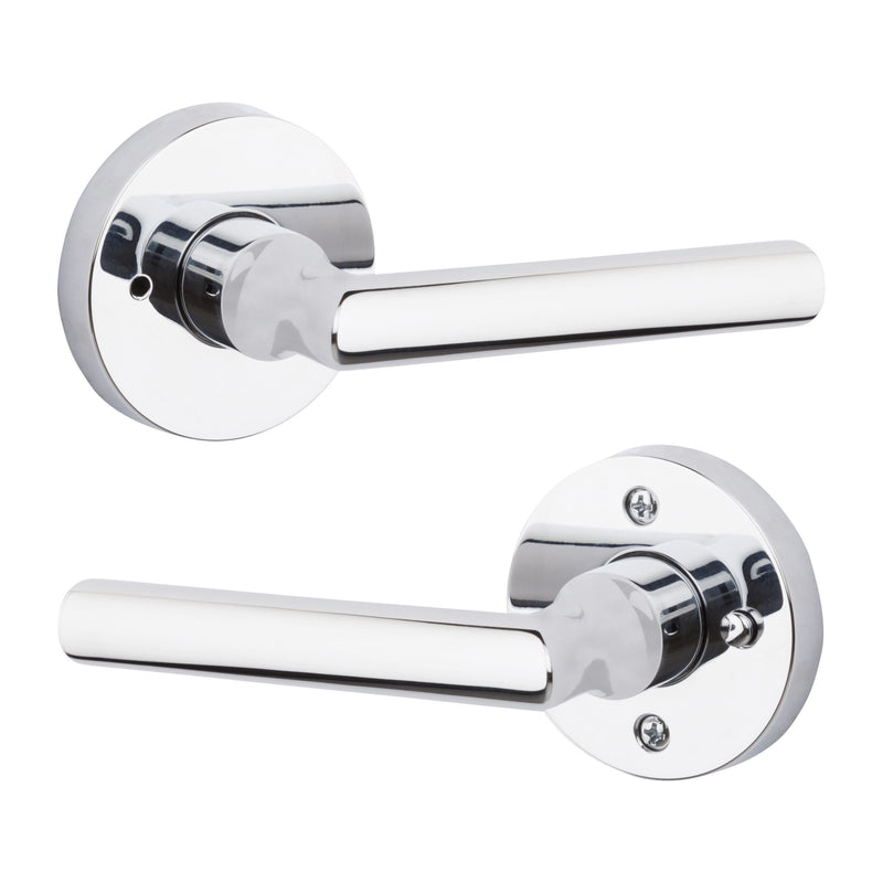 The Baldwin Reserve Tube Lever with Contemporary Round Rosette in Polished Chrome finish.