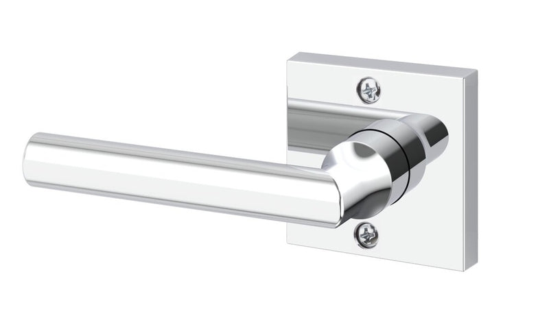 The Baldwin Reserve Tube Lever with Contemporary Square Rosette in Polished Chrome finish.