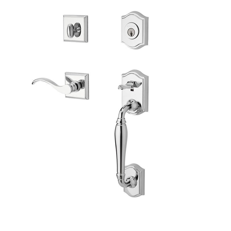 The Baldwin Reserve Westcliff Handleset with Interior Curve Lever with Traditional Square Rosette in Polished Chrome finish.