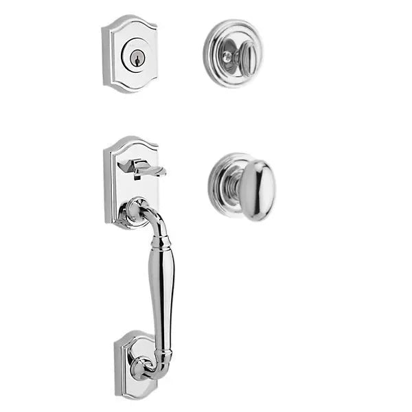 The Baldwin Reserve Westcliff Handleset with Interior Ellipse Knob with Traditional Round Rosette in Polished Chrome finish.