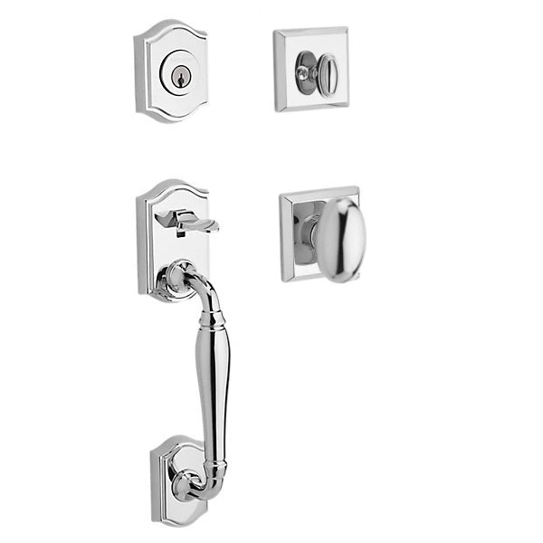 The Baldwin Reserve Westcliff Handleset with Interior Ellipse Knob with Traditional Square Rosette in Polished Chrome finish.