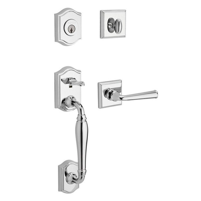 The Baldwin Reserve Westcliff Handleset with Interior Federal Lever with Traditional Square Rosette in Polished Chrome finish.