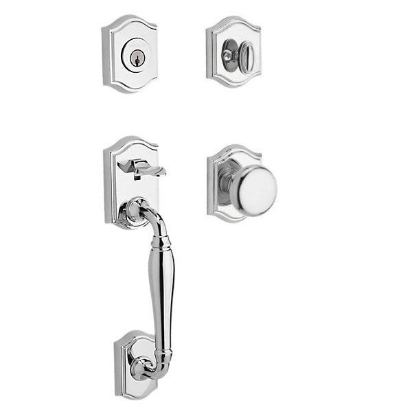 The Baldwin Reserve Westcliff Handleset with Interior Round Knob with Traditional Arch Rosette in Polished Chrome finish.