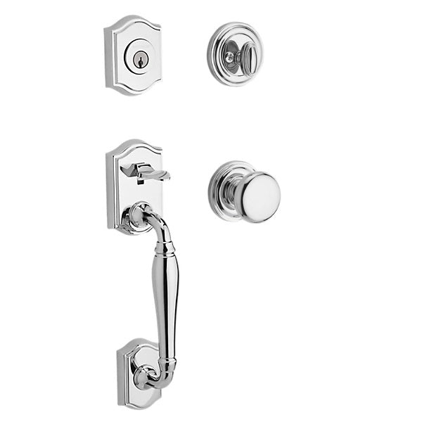 The Baldwin Reserve Westcliff Handleset with Interior Round Knob with Traditional Round Rosette in Polished Chrome finish.