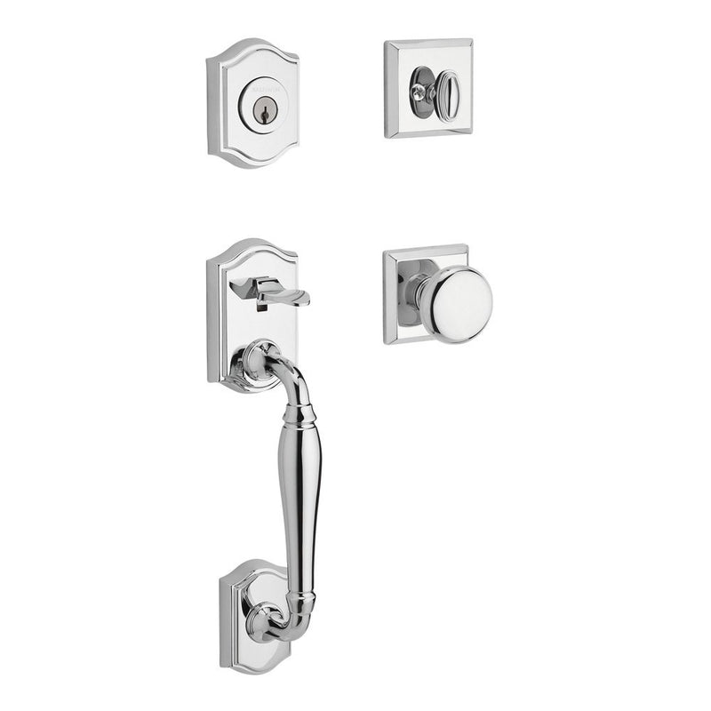 The Baldwin Reserve Westcliff Handleset with Interior Round Knob with Traditional Square Rosette in Polished Chrome finish.