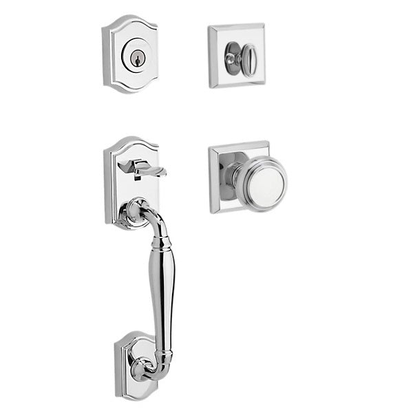 The Baldwin Reserve Westcliff Handleset with Interior Traditional Knob with Traditional Square Rosette in Polished Chrome finish.