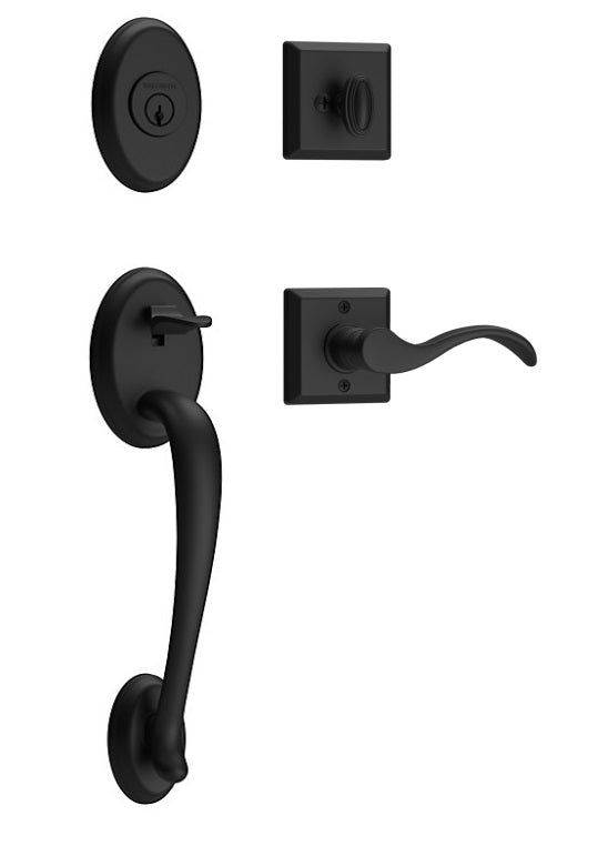 The Baldwin Reserve Columbus Handleset with Interior Curve Lever with Traditional Square Rosette in Satin Black finish.