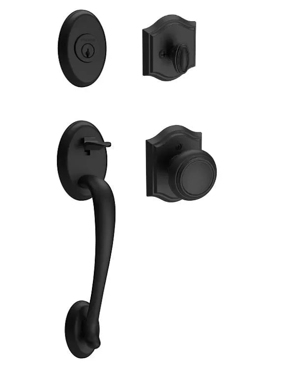 The Baldwin Reserve Columbus Handleset with Interior Traditional Knob with Traditional Arch Rosette in Satin Black finish.