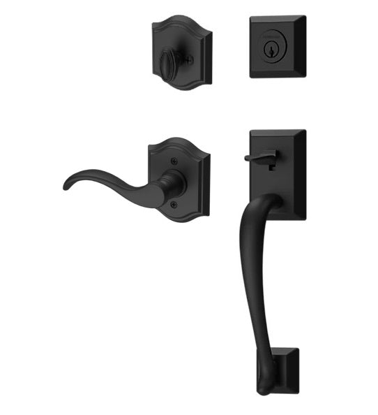 The Baldwin Reserve Napa Handleset with Interior Curve Lever with Traditional Arch Rosette in Satin Black finish.