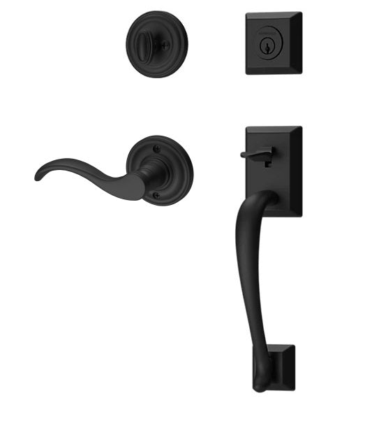 The Baldwin Reserve Napa Handleset with Interior Curve Lever with Traditional Round Rosette in Satin Black finish.