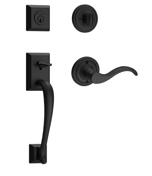 The Baldwin Reserve Napa Handleset with Interior Curve Lever with Traditional Round Rosette in Satin Black finish.