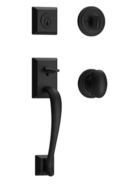 The Baldwin Reserve Napa Handleset with Interior Ellipse Knob with Traditional Round Rosette in Satin Black finish.