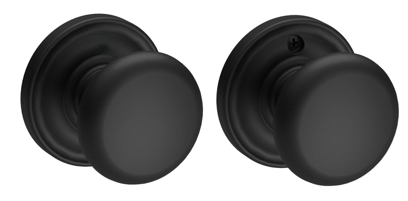 The Baldwin Reserve Round Knob with Traditional Round Rosette in Satin Black finish.