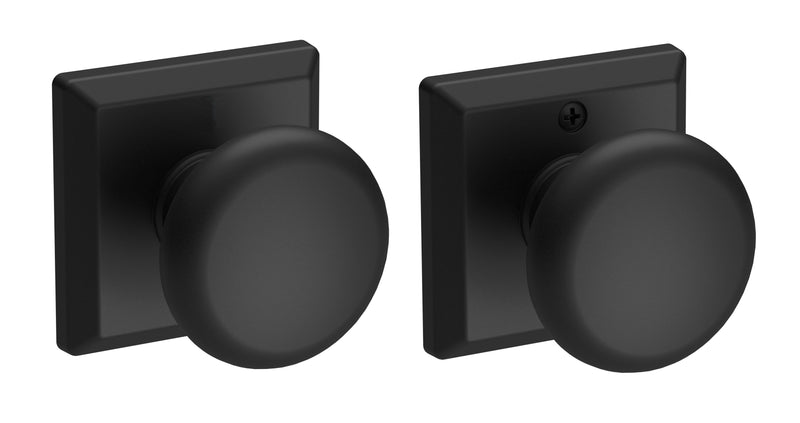 The Baldwin Reserve Round Knob with Traditional Square Rosette in Satin Black finish.