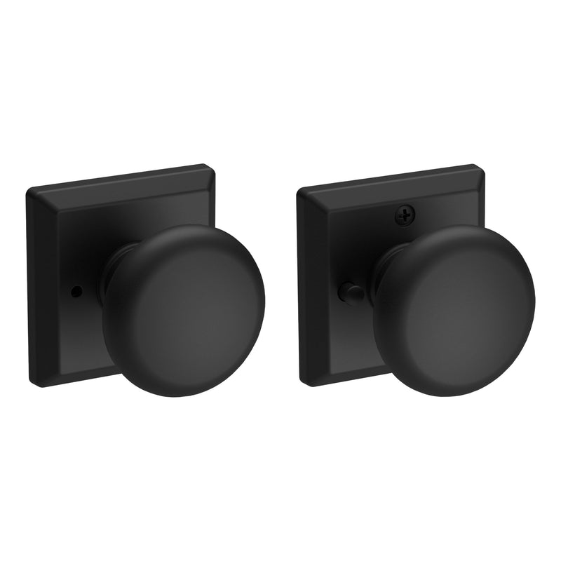 The Baldwin Reserve Round Knob with Traditional Square Rosette in Satin Black finish.