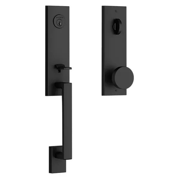 The Baldwin Reserve Seattle Handleset with Interior Contemporary Knob with Contemporary Square Escutcheon in Satin Black finish.