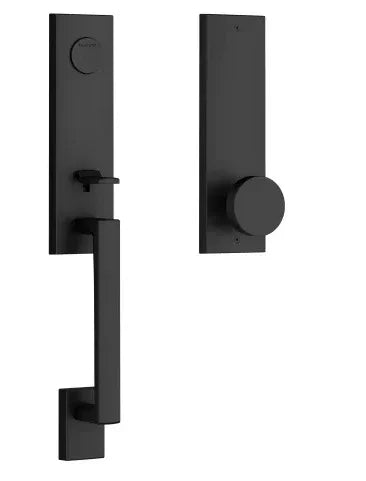 The Baldwin Reserve Seattle Handleset with Interior Contemporary Knob with Contemporary Square Escutcheon in Satin Black finish.