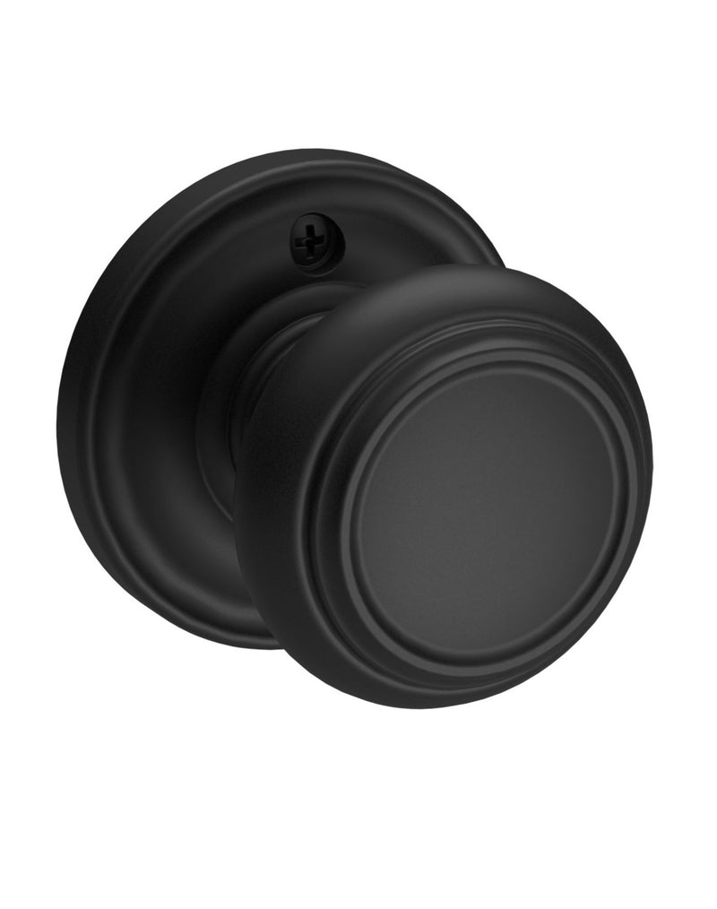 The Baldwin Reserve Traditional Knob with Traditional Round Rosette in Satin Black finish.