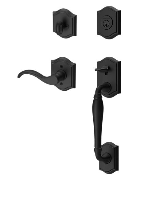 The Baldwin Reserve Westcliff Handleset with Interior Curve Lever with Traditional Arch Rosette in Satin Black finish.